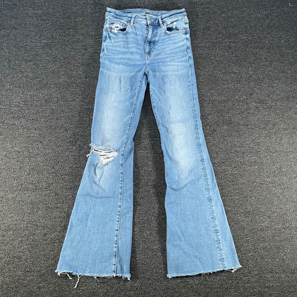 American Eagle Flare Jeans Womens 2 Long Light Blue Good Distressed Raw Hem